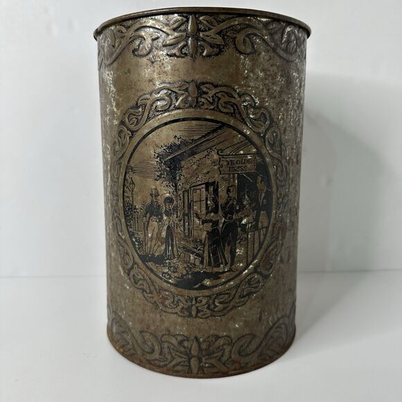 Vtg Metal Trash Can Ye Old Inn Scene Waste Bin Rustic Primitive Patina Tavern - Picture 2 of 16